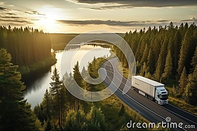 Aerial view of a truck driving along the road at sunset, Aerial view of a semi-truck with a cargo trailer on a road curve at the Stock Photo