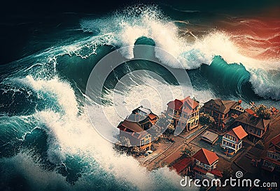 Aerial view of tsunami with a big wave crashing illustration. Ai generative Cartoon Illustration