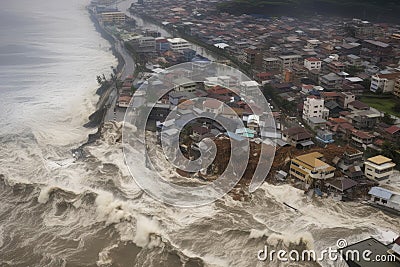 aerial view of tsunami hitting coastal city, with boats and buildings swept away by the rushing water Stock Photo