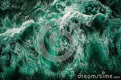 Aerial view of turbulent ocean waves, creating dynamic patterns and textures. the water is deep emerald green with white foam Cartoon Illustration