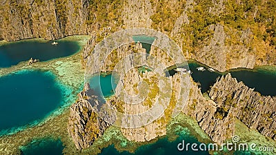 Aerial view Twin lagoon, sea, beach. Tropical island. Busuanga, Palawan, Philippines. Stock Photo