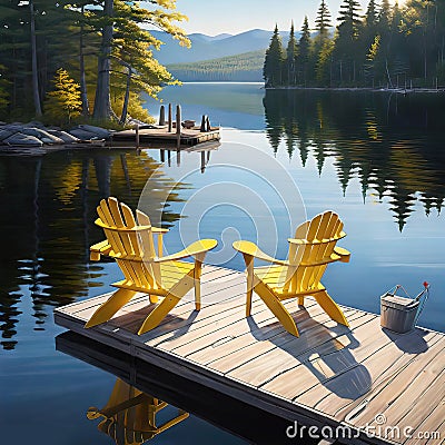 Aerial view of two chairs on a wooden dock by a serene lake on a sunny summer morning. Cartoon Illustration