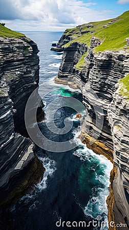 Aerial view of two cliff gaps separated by the ocean on the Faroe Islands Stock Photo