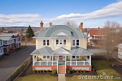 aerial view of twostory colonial with perfectly aligned windows Stock Photo