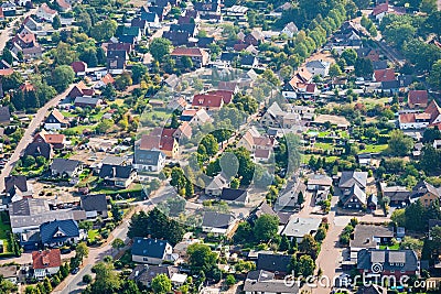 Aerial view of a typical German suburb with detached houses and close neighbourhood, flight with a gyroplane. Stock Photo