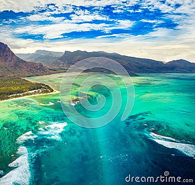 Aerial view of the underwater waterfall. Mauritius Stock Photo