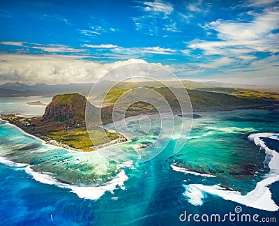 Aerial view of the underwater waterfall. Mauritius Stock Photo