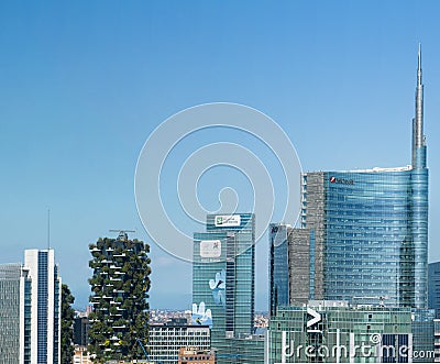 Aerial view of Unicredit Tower, Palazzo Lombardia and Bosco Verticale. Milan, Italy Editorial Stock Photo