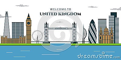 Aerial view of United Kingdom. Tower Bridge, Big Ben, Palace of Westminster, London Eye, Westminster Bridge, River Thames in Vector Illustration