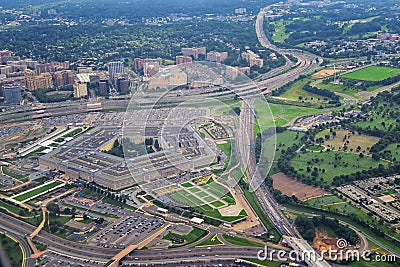 Aerial view of the United States Pentagon, the Department of Defense headquarters in Arlington, Virginia, near Washington DC, with Editorial Stock Photo