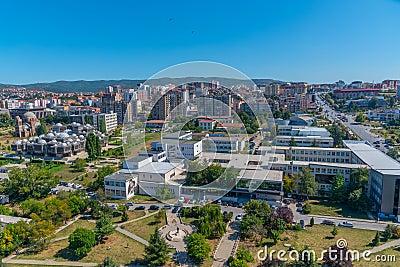 Aerial view of University of Prishtina, National library of Kosovo and unfinished serbian orthodox church of Christ the Saviour in Stock Photo