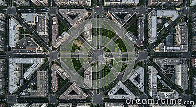 Aerial view of an urban grid showcasing symmetrical triangular and rectangular blocks. Stock Photo