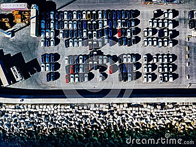 Aerial view of used cars lined up in the port Stock Photo