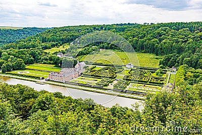 Aerial view of valley with Freyr castle in Renaissance style Stock Photo