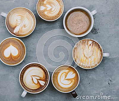 Aerial view of various coffee cups Stock Photo