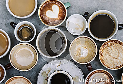 Aerial view of various hot coffee drinks Stock Photo