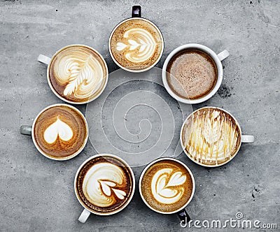 Aerial view of various hot coffee drinks Stock Photo