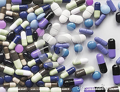 Aerial view of various medical pills pharmaceutical Stock Photo