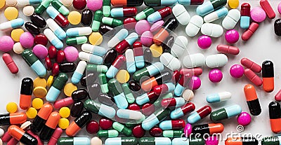 Aerial view of various medical pills pharmaceutical Stock Photo