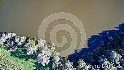 Aerial view of a vast, open grassland with a serene lake in the foreground Stock Photo