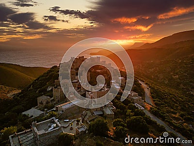 Aerial view of Vathia village against a Dramatic sunset sky. Vathia, Mani, Laconia, Peloponnese, Greece Stock Photo