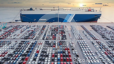 Aerial view vehicle carrier vessel loading car for shipping to worldwide, Large RoRo Roll on/off vehicle car carrier, New car Stock Photo