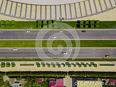 Top down aerial city view of freeway busy city road traffic jam highway. Stock Photo