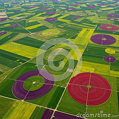 Aerial view of vibrant agricultural fields with distinct circular patterns created by Stock Photo