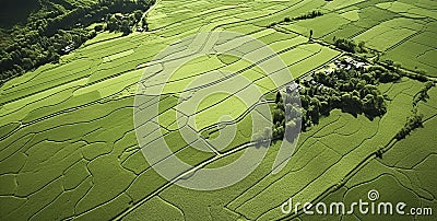 aerial view of a vibrant green tea plantation with rows of tea bushes and a small cluster of buildings, ai generative Stock Photo