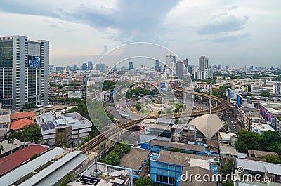 Aerial view of Victory Monument on busy street road. Roundabout in Bangkok Downtown Skyline. Thailand. Financial district center Editorial Stock Photo
