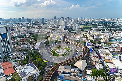 Aerial view of Victory Monument on busy street road. Roundabout in Bangkok Downtown Skyline. Thailand. Financial district center Editorial Stock Photo