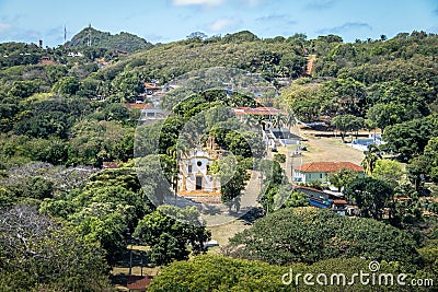 Aerial view of Vila dos Remedios and Nossa Senhora dos Remedios Church - Fernando de Noronha, Pernambuco, Brazil Stock Photo