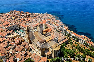 Aerial view of village and cathedral in Cefalu, Sicily Stock Photo
