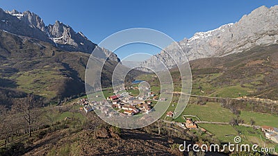 Aerial view of the village of Posada de Valdeon, Picos de Europa National Park, Spain Stock Photo