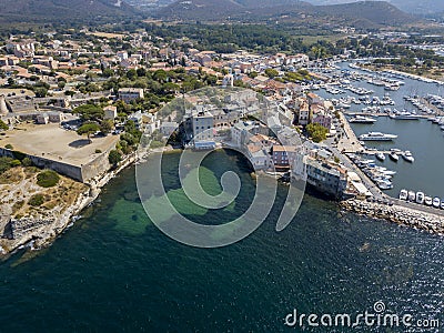 Aerial view of the village of Saint Florent, Corsica, France. Stock Photo