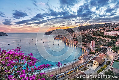 Aerial view of Villefranche-sur-Mer on sunset, France Stock Photo