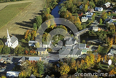 Aerial view of Waitsfield VT and the Mad River on Scenic Route 100 in Autumn Stock Photo