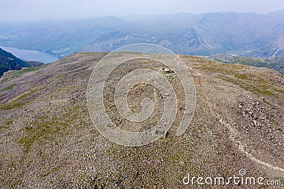 Aerial view of walkers on top of Scafell Pike Stock Photo