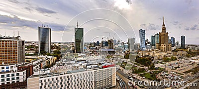 Panorama of Warsaw city center in Poland with Palace of culture and science. Stock Photo