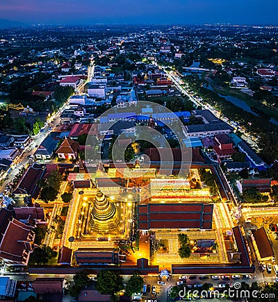 Aerial view of Wat Phra That Haripunchai Woramahawihan during Loy Krathong festival, in Lapmhun, Thailand Stock Photo