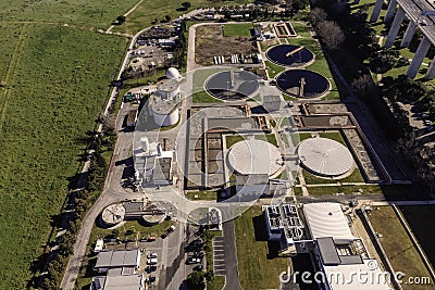 Aerial view of a water depuration plant along Tagus river, Lisbon, Portugal Editorial Stock Photo