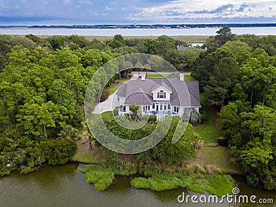 Aerial view of home on wooded property Stock Photo