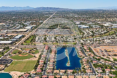 Aerial view of a waterski lake in Gilbert, Arizona Stock Photo