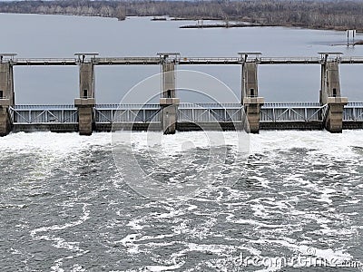 Aerial view of WD Mayo Lock and Dam 14 on the Arkansas River in Fort Coffee Oklahoma Stock Photo