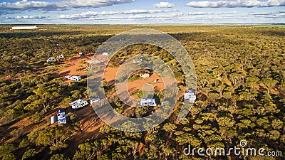 Aerial view of 4WD`s and caravans camped for the night in the outback of Australia Stock Photo