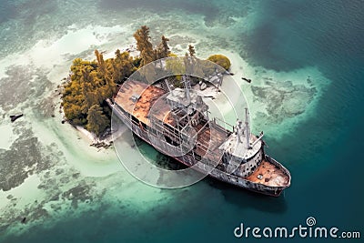 aerial view of a weathered pirate ship anchored near a deserted island Stock Photo