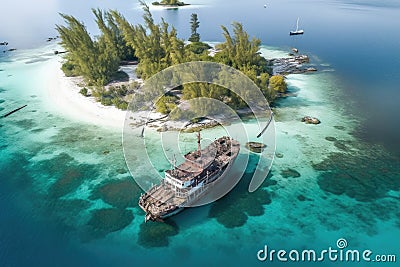 aerial view of a weathered pirate ship anchored near a deserted island Stock Photo