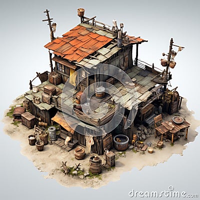 Aerial View Of Weathered Shack In Stainswashes Style - 3d Village Model Stock Photo