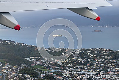 An aerial view of Wellington City and Harbour viewed from an aircraft window Stock Photo