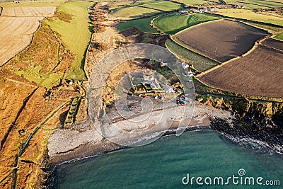 Aerial view of the Welsh seaside village of Abereiddy in a sunny, winters day Stock Photo